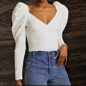 Choosy Puff Sleeve White Cropped Top Sz S Deep V Neck Zipper Sexy Summer Look